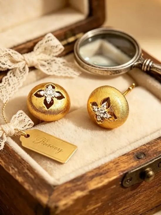 Neiman Marcus Jewelry - Vintage Gold Filled Floral Crystal Button Stud Earrings